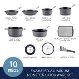 10-piece enameled aluminum nonstick cookware set with utensils shown.