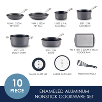 10-piece enameled aluminum nonstick cookware set with utensils shown.