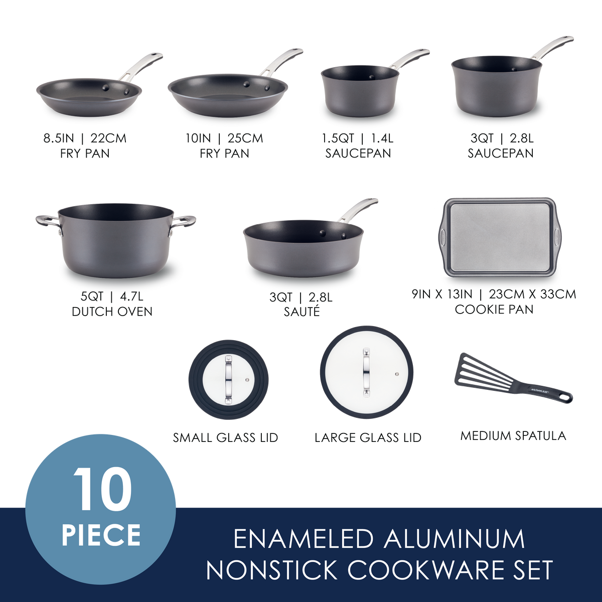 10-piece enameled aluminum nonstick cookware set with utensils shown.