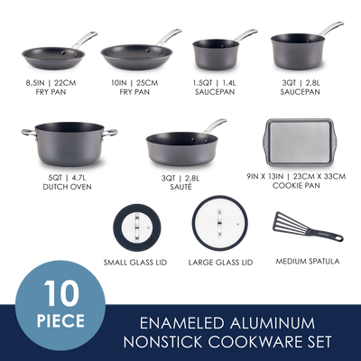 10-piece enameled aluminum nonstick cookware set with utensils shown.