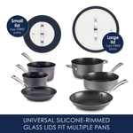 Silicone-rimmed glass lids with various pans and pots displayed.