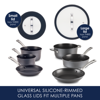 Silicone-rimmed glass lids with various pans and pots displayed.