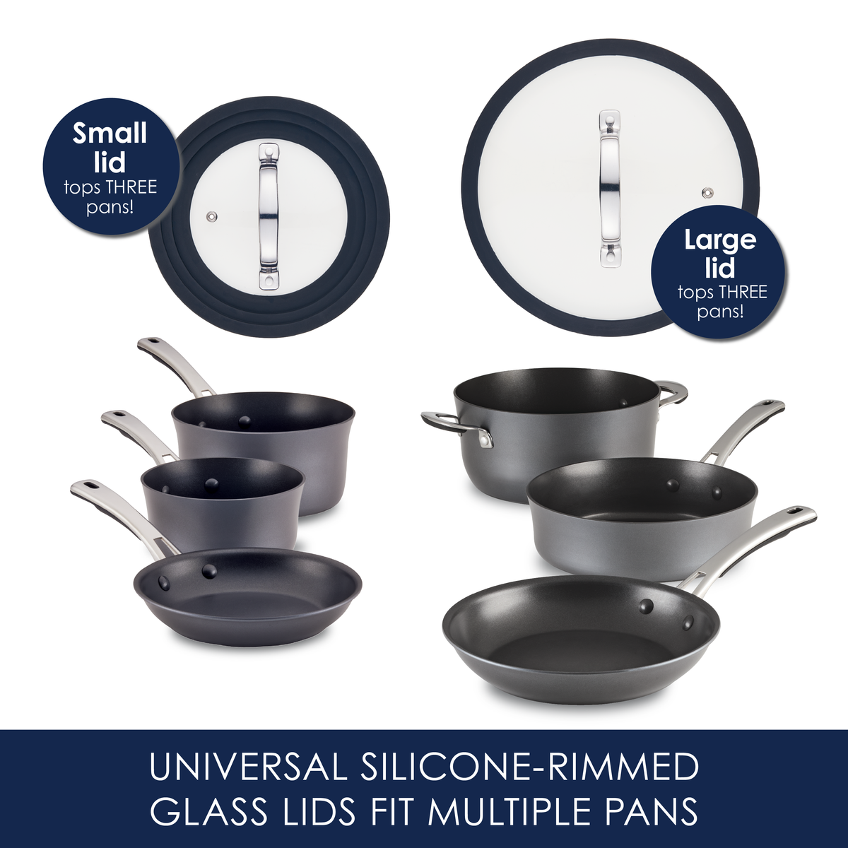 Silicone-rimmed glass lids with various pans and pots displayed.