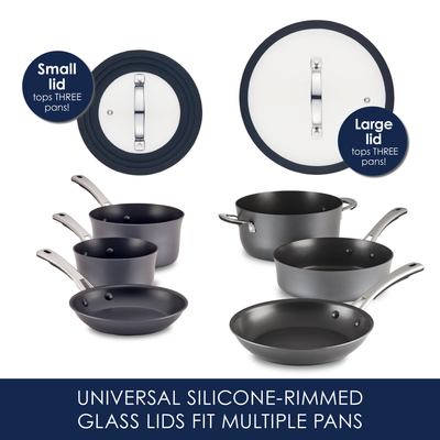 Silicone-rimmed glass lids with various pans and pots displayed.