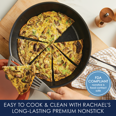 Nonstick skillet with vegetable frittata slices, serving spatula on side.