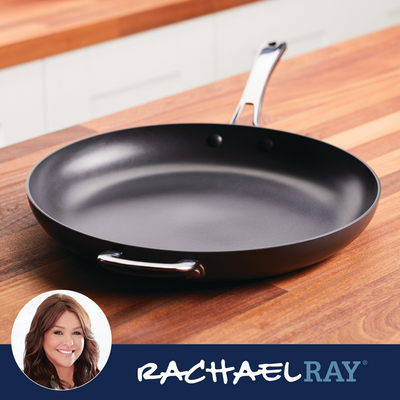 Nonstick frying pan on a wooden countertop with a logo in the corner.