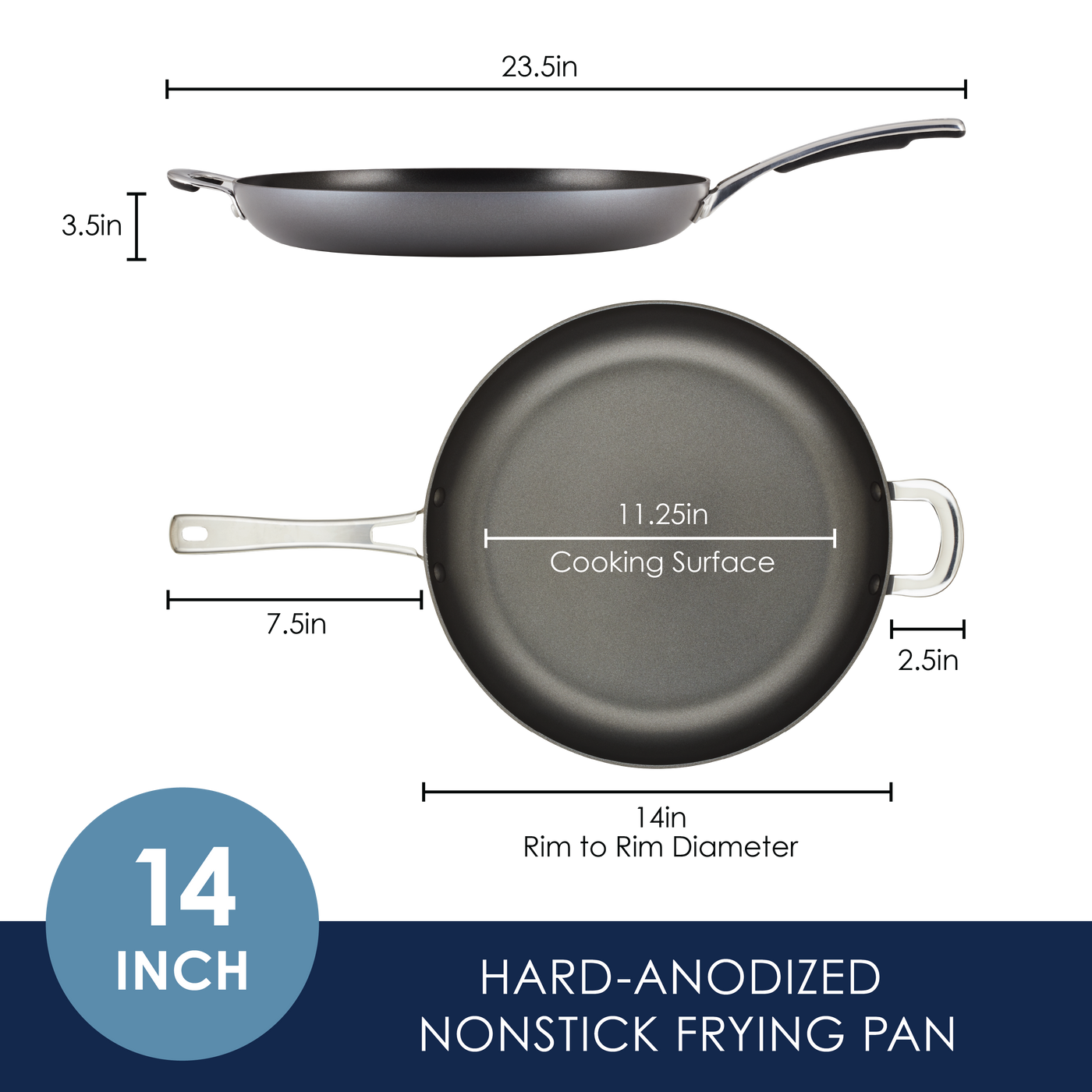 14-inch hard-anodized nonstick frying pan with measurements.