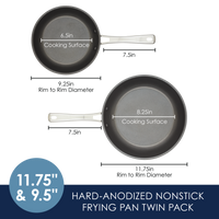 Two frying pans with labels showing sizes of cooking surfaces and diameters.