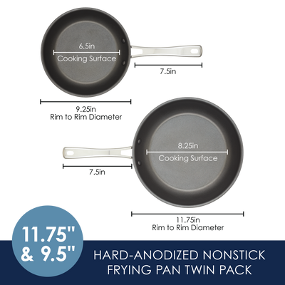 Two frying pans with labels showing sizes of cooking surfaces and diameters.