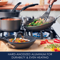 Cookware on stove with food; text reads durability and even heating.