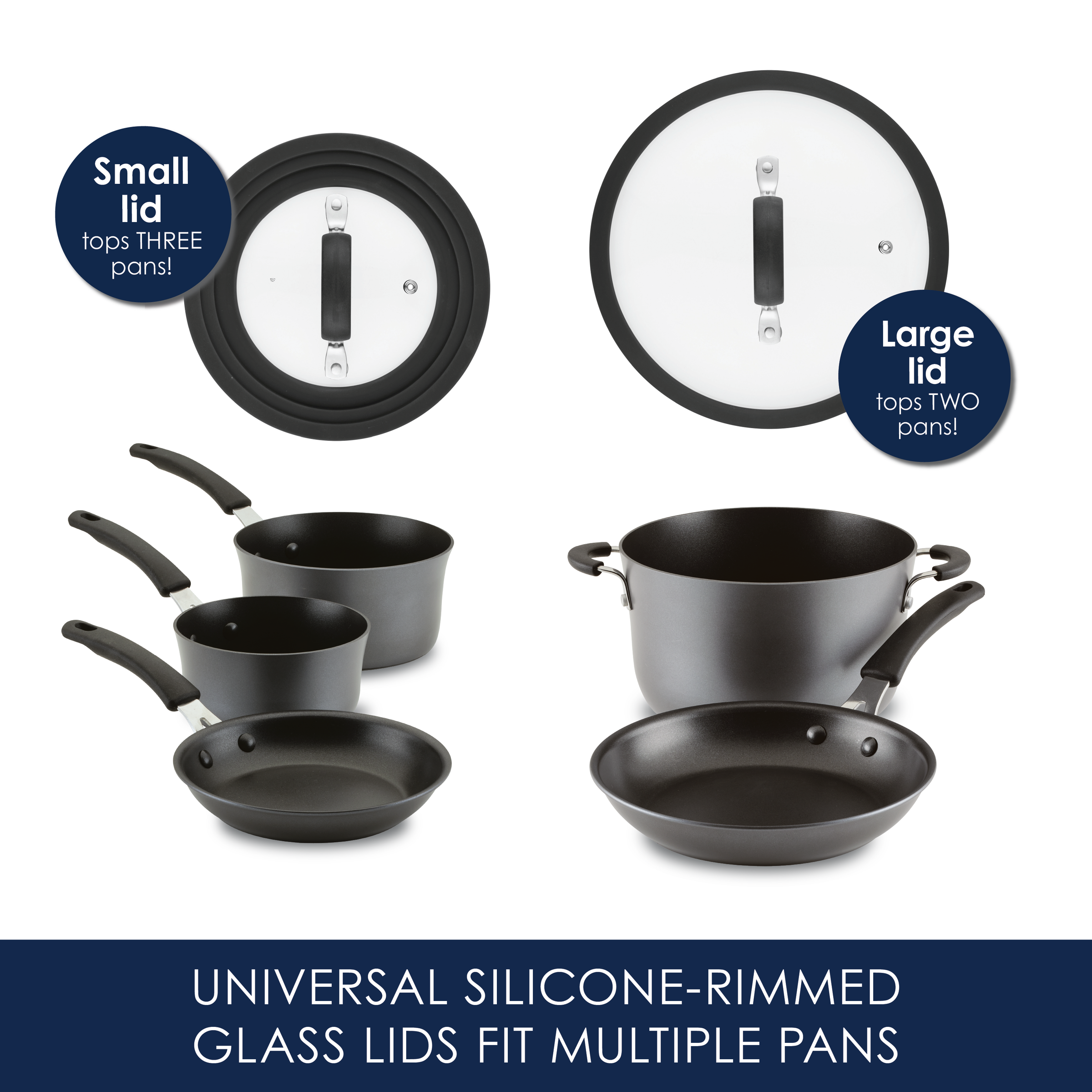 Various cookware with silicone-rimmed glass lids, fitting multiple pans.