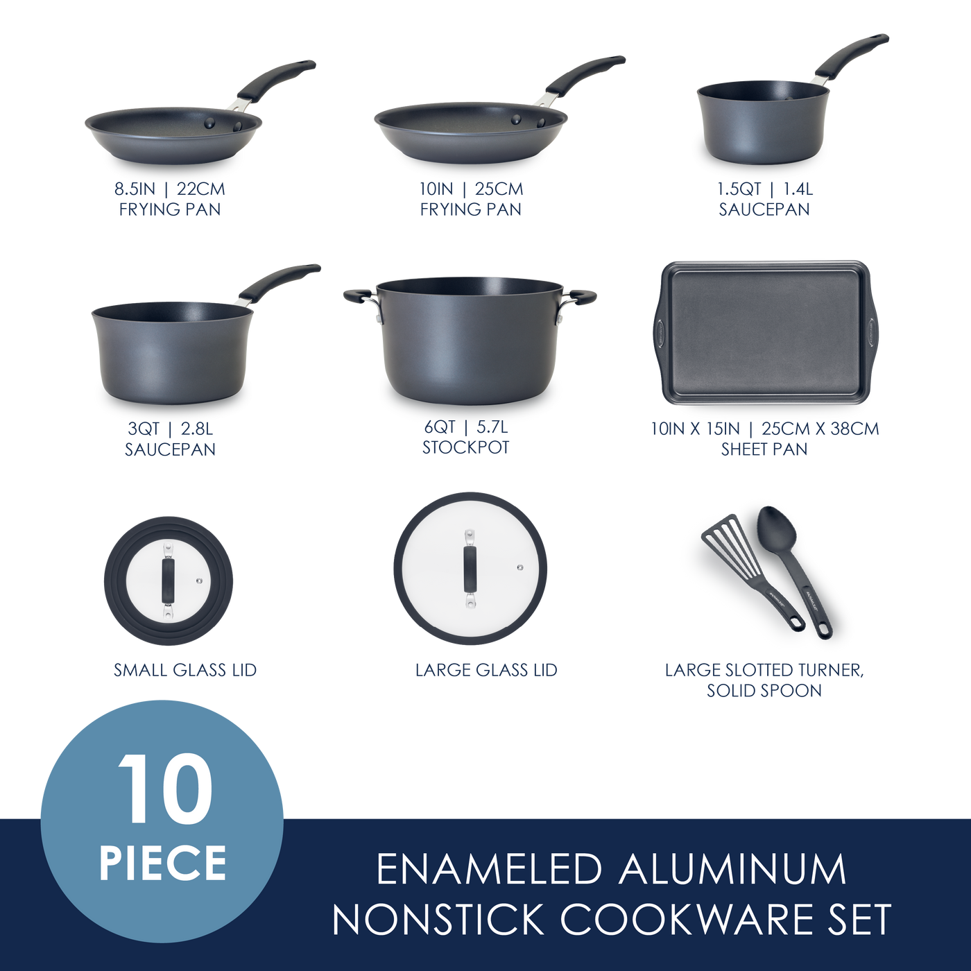 10-piece enameled aluminum nonstick cookware set.