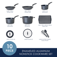 10-piece enameled aluminum nonstick cookware set.