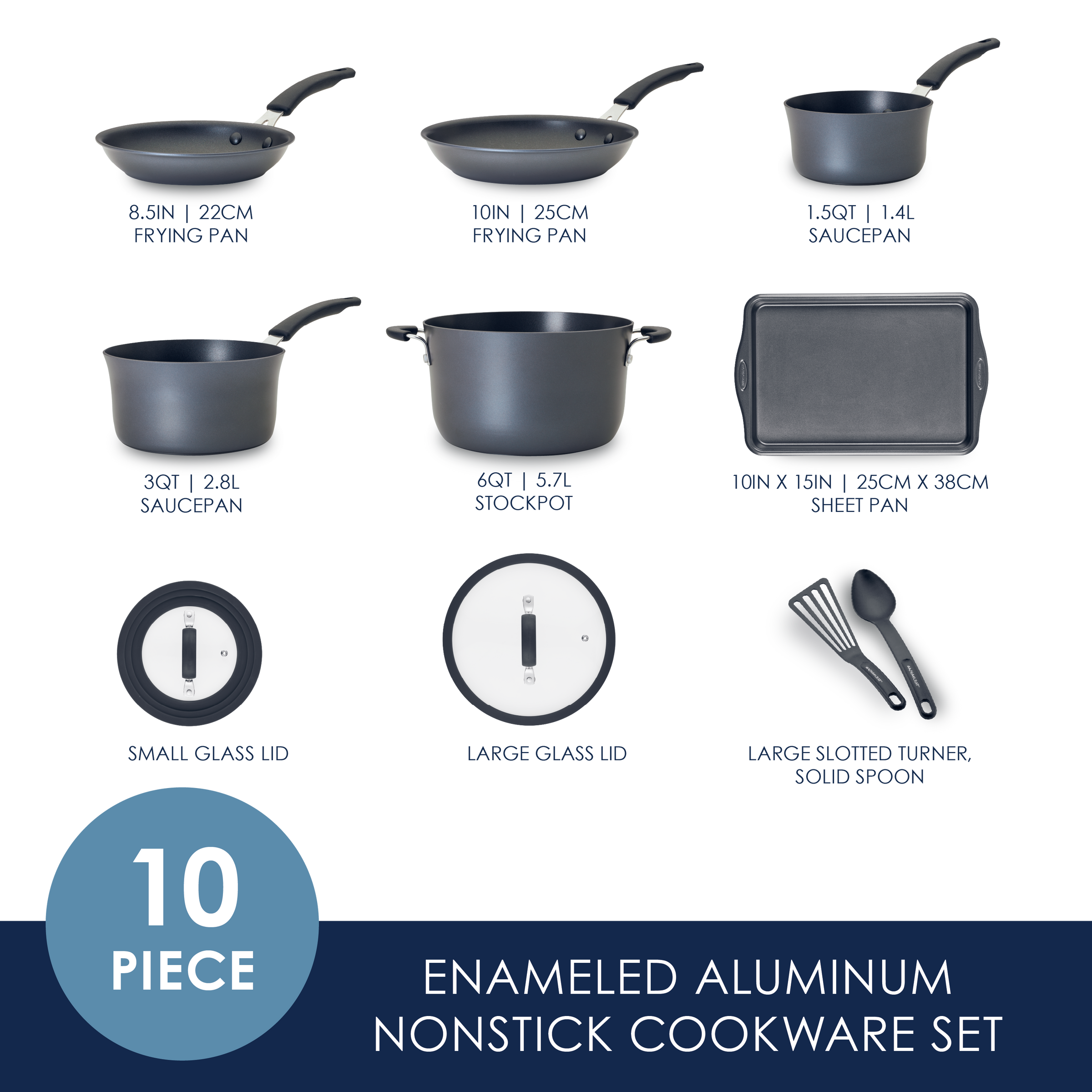 10-piece enameled aluminum nonstick cookware set.