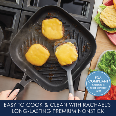 Cheeseburgers cooking in a grill pan on a stovetop with kitchen utensils.