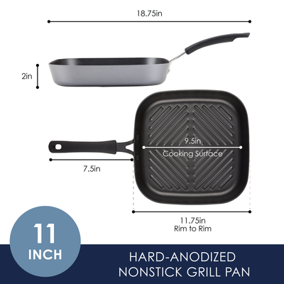 Square grill pan with nonstick surface and handle, labeled dimensions shown.