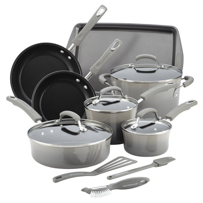 Gray non-stick cookware set including pans, pots, lids, and kitchen tools.