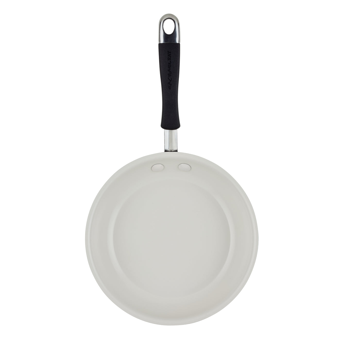 Ceramic Nonstick Frying Pan, white with black handle, viewed from above.