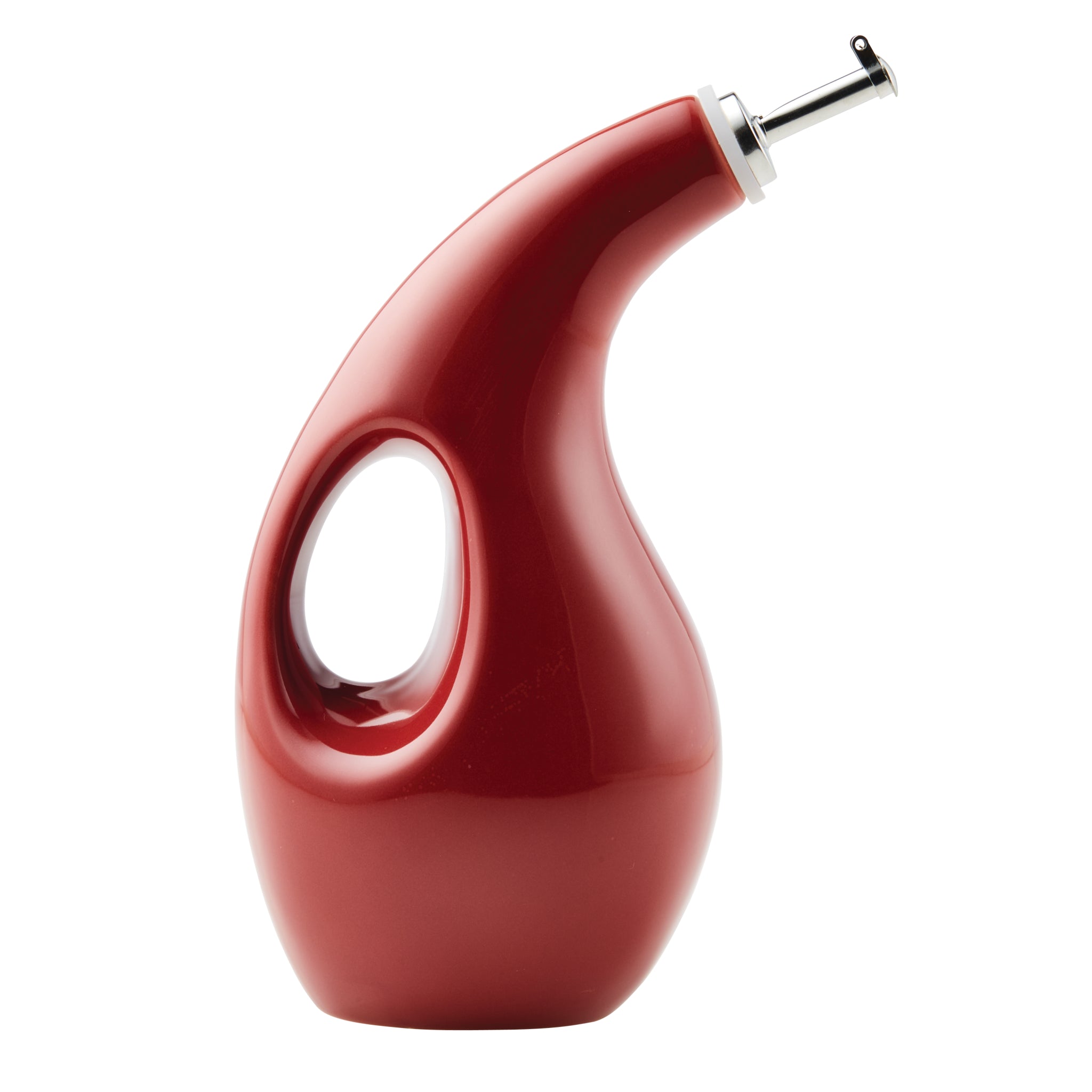 Red ceramic oil dispenser with a handle and a metal spout.