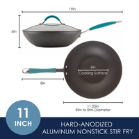 Diagram showing specifications of a 11-inch hard-anodized nonstick stir fry pan.
