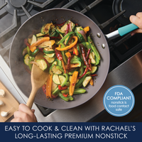 Stir-frying vegetables in a nonstick pan with a wooden spatula.