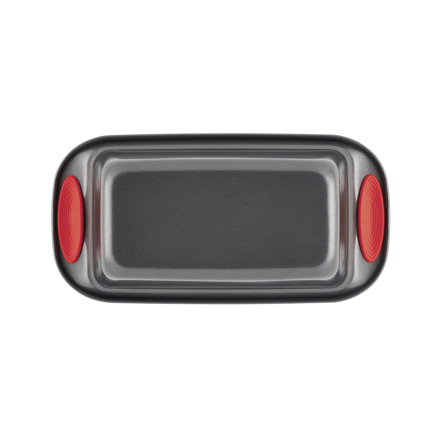 Rectangular baking tray with red silicone grips on the sides.