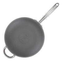 This professional hard-anodized nonstick saucier, viewed from above, comes with a sleek stainless steel handle and is available in gray.