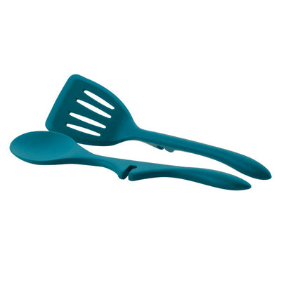 Blue plastic spatula and spoon on a white background.