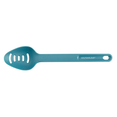 Teal slotted serving spoon with a hole in the handle for hanging.