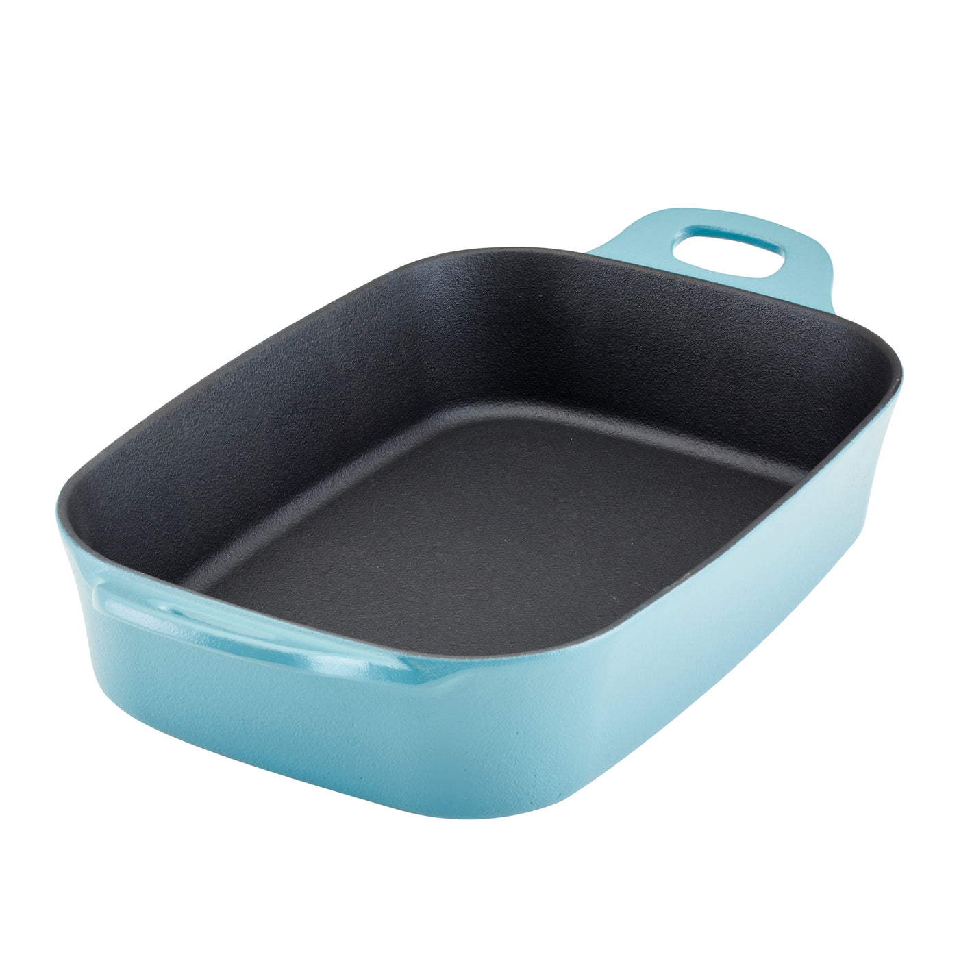 Blue rectangular baking dish with a black interior and handles.