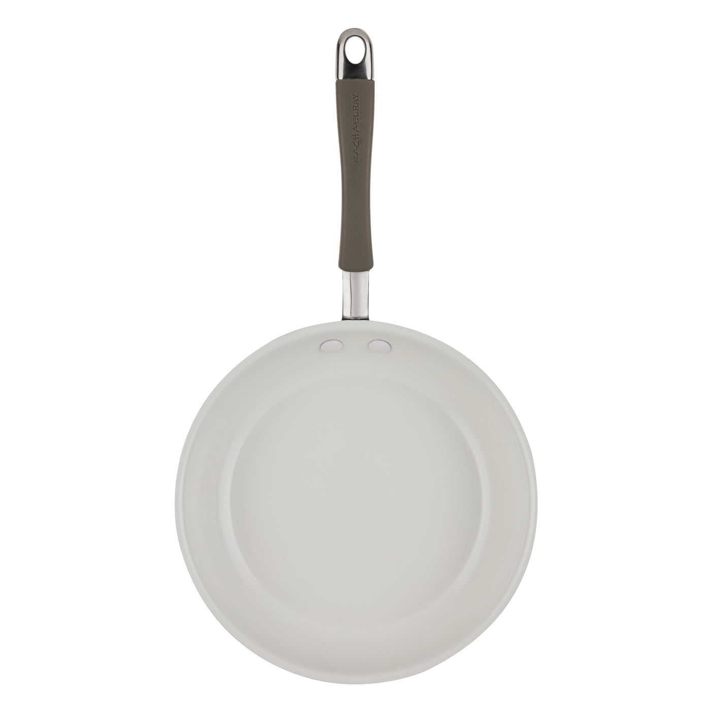 A 10-piece ceramic nonstick cookware set with a black-handled pan, top view.