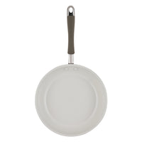 A 10-piece ceramic nonstick cookware set with a black-handled pan, top view.