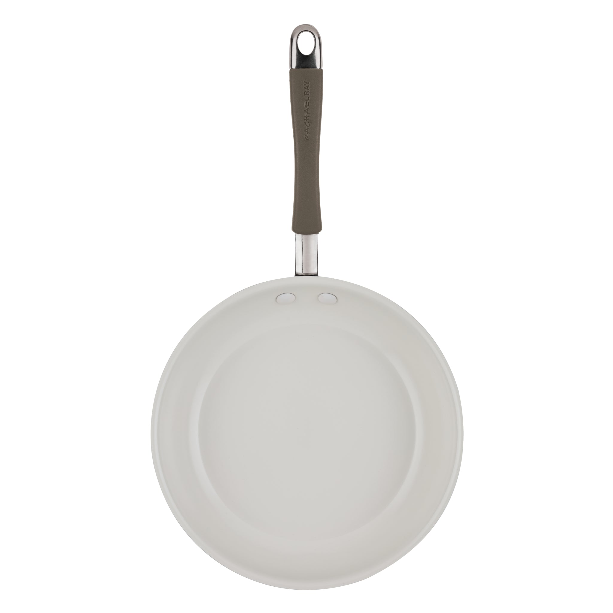 A 10-piece ceramic nonstick cookware set with a black-handled pan, top view.