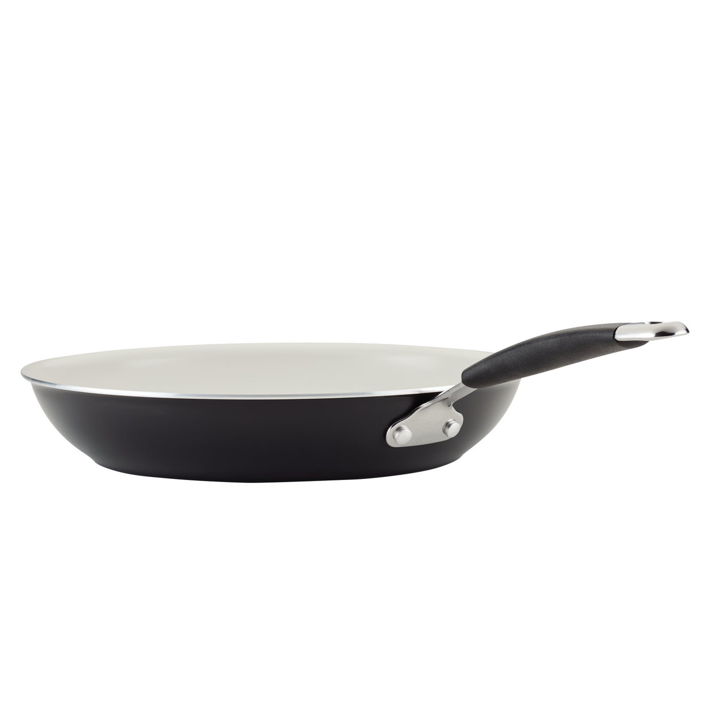 Ceramic Nonstick Frying Pan, black with white interior and black handle, side view.