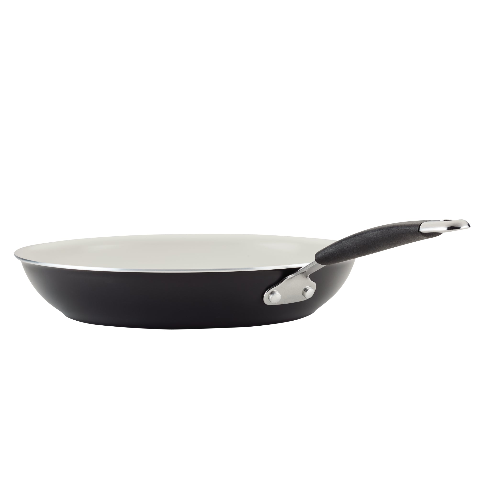 Ceramic Nonstick Frying Pan, black with white interior and black handle, side view.