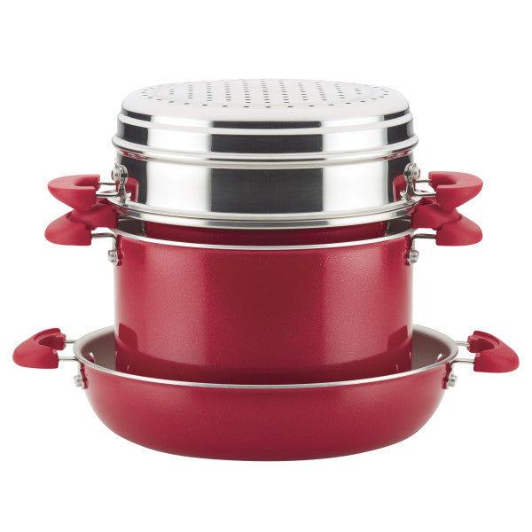 8-Piece Stacking Nonstick Induction Cookware Set with steamer insert and handles.