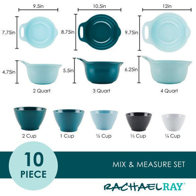 Mix and measure set, 10 pieces in various sizes and shades of blue.