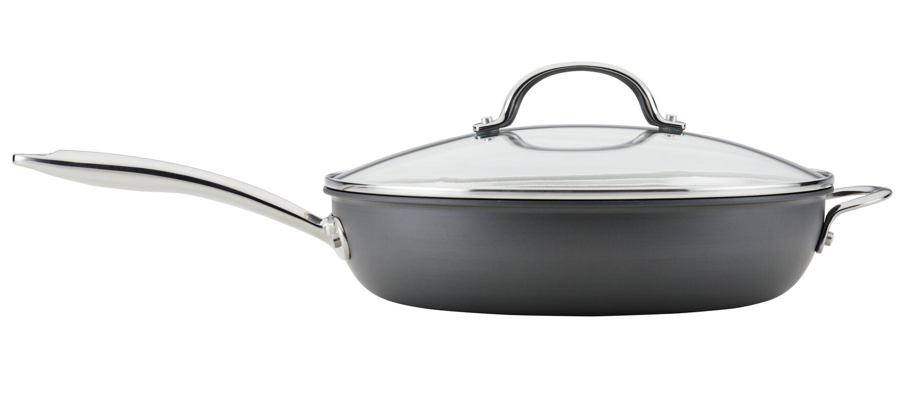 An elegant piece from the 11-Piece Professional Hard-Anodized Nonstick and Induction Stainless Steel Cookware Set, featuring a black saucepan with a lid and silver handles, sits gracefully on a white background.