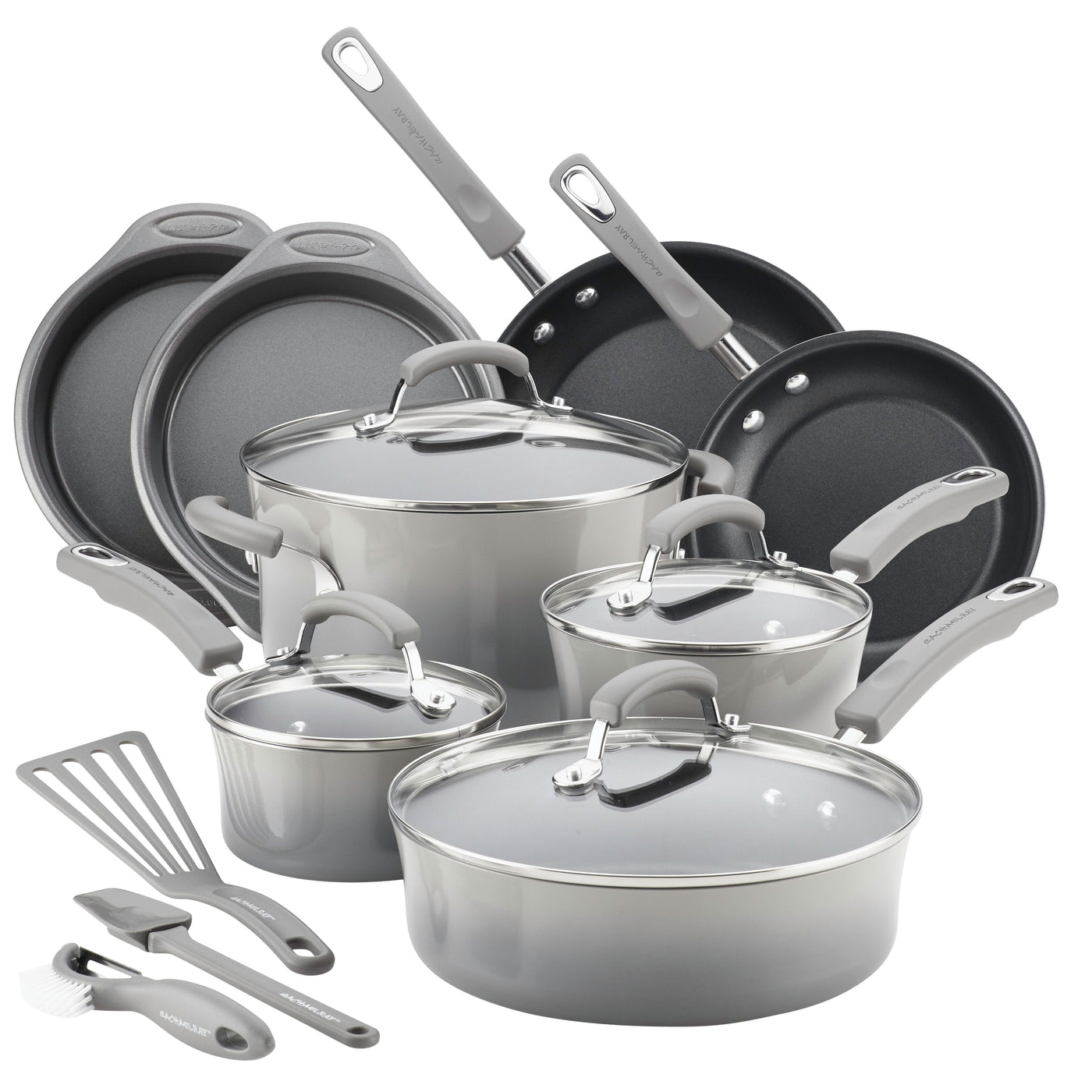 The 15-Piece Classic Brights Nonstick Cookware Set, featuring Rachael Ray's signature porcelain enamel finish in gray, includes pans, pots, lids, and utensils.
