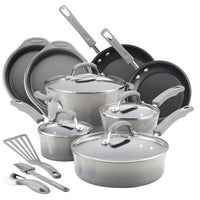 The 15-Piece Classic Brights Nonstick Cookware Set, featuring Rachael Ray's signature porcelain enamel finish in gray, includes pans, pots, lids, and utensils.
