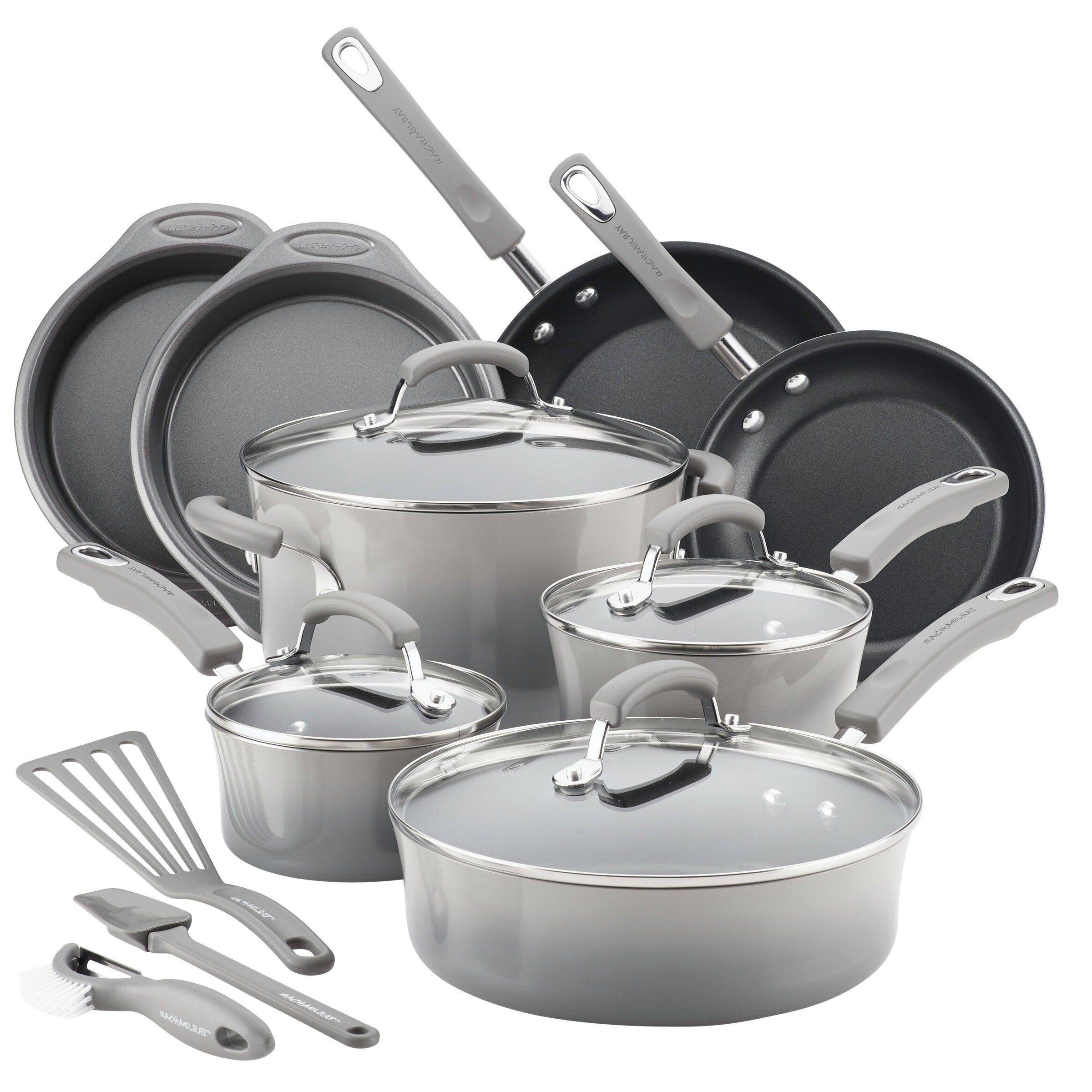 The 15-Piece Classic Brights Nonstick Cookware Set, featuring Rachael Ray's signature porcelain enamel finish in gray, includes pans, pots, lids, and utensils.