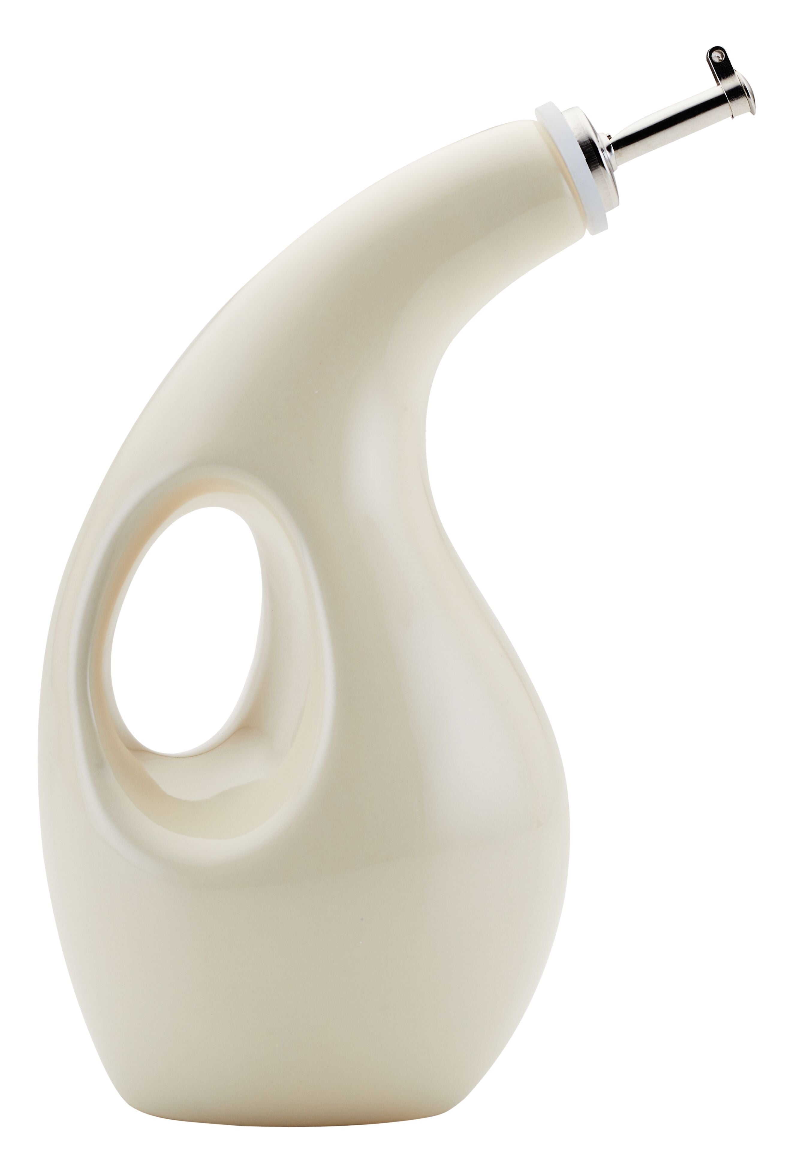 The 24-Ounce EVOO Bottle in white ceramic comes with a stainless steel pour spout for precise pouring and includes a handy side handle.