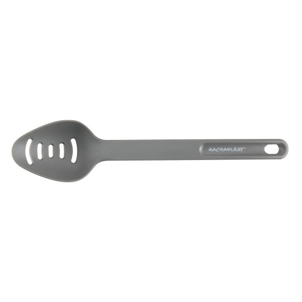 Gray slotted spoon, part of the 4-Piece Kitchen Tool Set, crafted from nonstick-suitable nylon and featuring a convenient hole in the handle for easy storage. Ideal addition to your collection of cooking utensils, it also offers dishwasher-safe convenience for effortless cleaning.