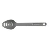 Gray slotted spoon with a hole in the handle for hanging.