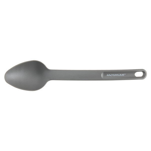 Gray kitchen spoon with a hole in the handle.