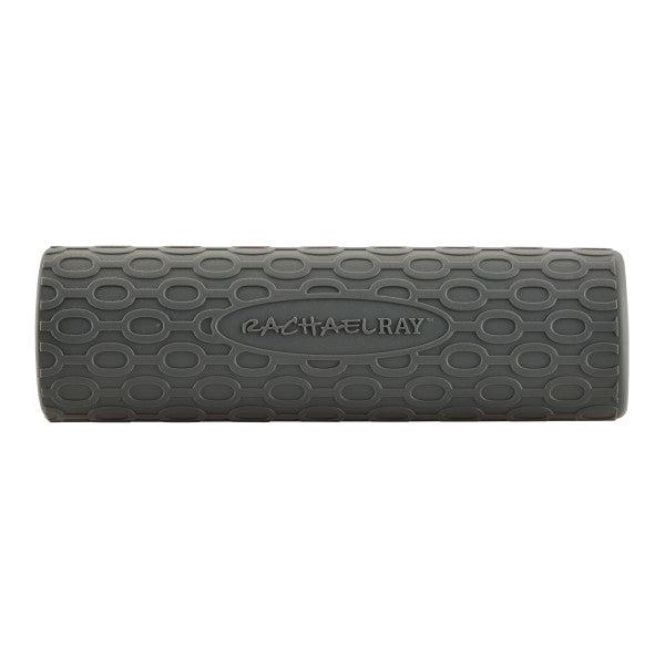 Gray silicone pot handle cover with textured grip and embossed name.
