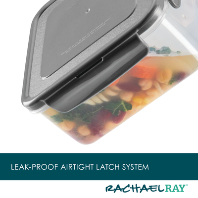 Plastic container with airtight latch, holding food contents.