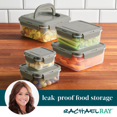 Leak-proof food storage containers on a wooden surface.