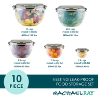 Food storage set with lids, various sizes, labeled capacities shown.