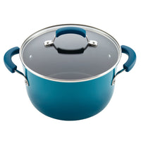 Classic Brights Nonstick Cookware Sets feature a blue cooking pot with a glass lid and two sturdy handles.